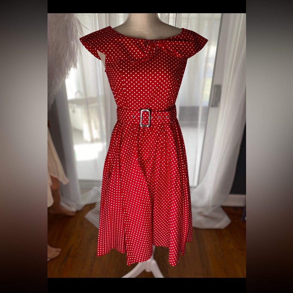 Adorable Lindy Bop vintage inspired red white polka dot dress size small